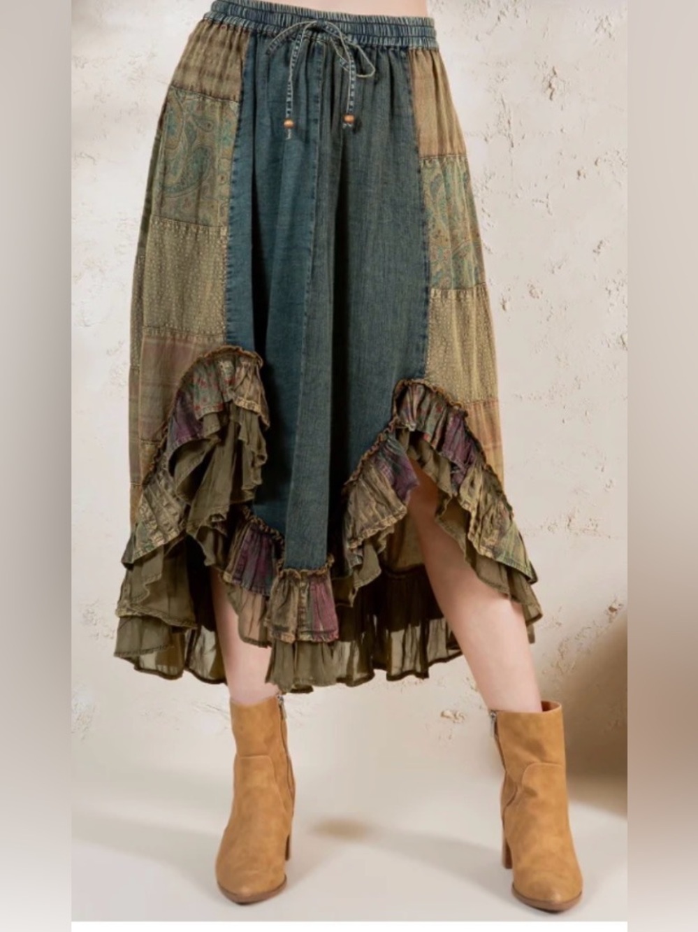 #1439 Young Threads Patchwork Ruffle Midi Skirt in Olive Green